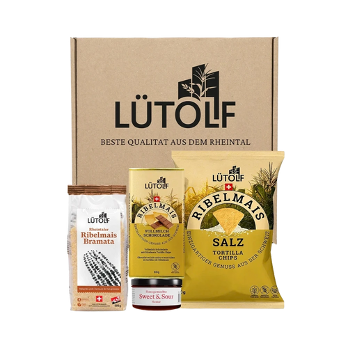 Lütolf Geschenkbox mit Ribelmais Chips, Schokolade, Sweet & Sour Sauce und Ribelmais Bramata